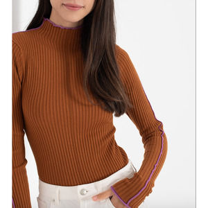 SCOTCH & SODA Maison Scotch Orange Ribbed Knit Fuchsia Trim Mock Neck Sweater